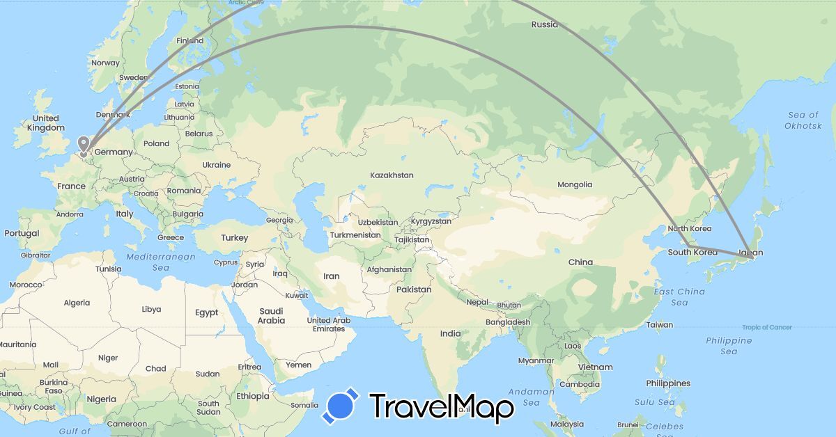TravelMap itinerary: driving, plane in Belgium, Japan, South Korea (Asia, Europe)